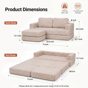 Claiks Folding Sofa Bed 180cm, 2 Seater Modular L-Shaped Chenille Sofa | 3-in-1 Convertible Design, Movable Ottoman, L-Shaped Modular Layout, Deep Seat, Small Space Solution