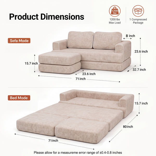 Claiks Folding Sofa Bed 180cm, 2 Seater Modular L-Shaped Chenille Sofa | 3-in-1 Convertible Design, Movable Ottoman, L-Shaped Modular Layout, Deep Seat, Small Space Solution