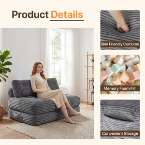 Claiks Chair Bed Single Sofa Bed with Pillow, Corduroy,  Soft corduroy fabric, ideal for guest rooms and small spaces, supportive shredded foam, folds into a comfy chair or bed