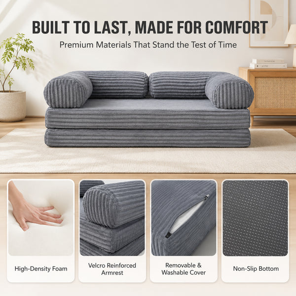 Claiks 3-in-1 Folding Double Sofa Bed 150cm Corduroy Foam | 25D high-density foam, removable washable cover, wide armrests, no assembly, ideal for small spaces and guests