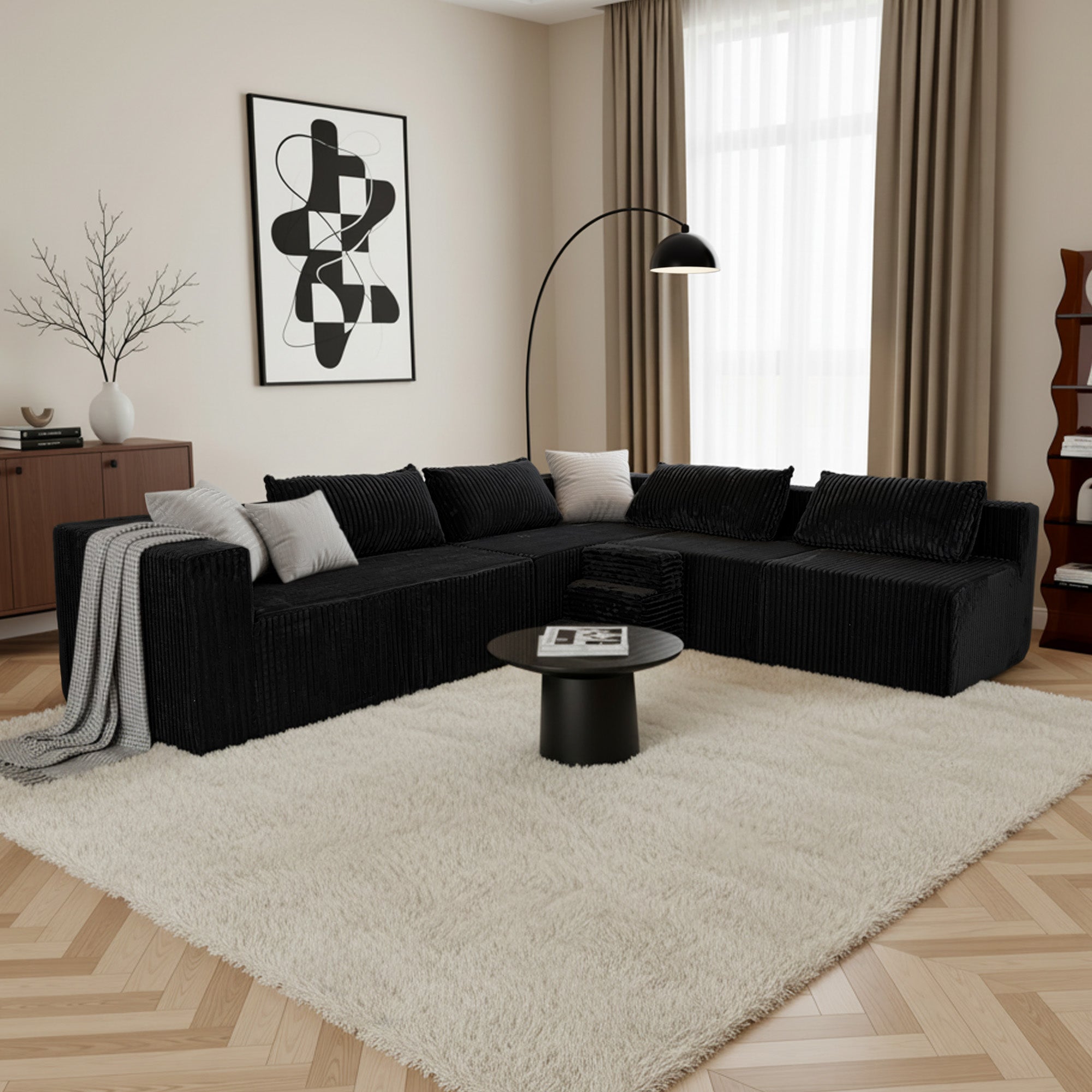 Claiks 128" Modular Sectional Sofa, Modern U-Shaped Cloud Couch with Double Chaise, Boneless Couch with 6 Pillows, Deep Seat Sofa for Living Room Bedroom, No Assembly Required, Black