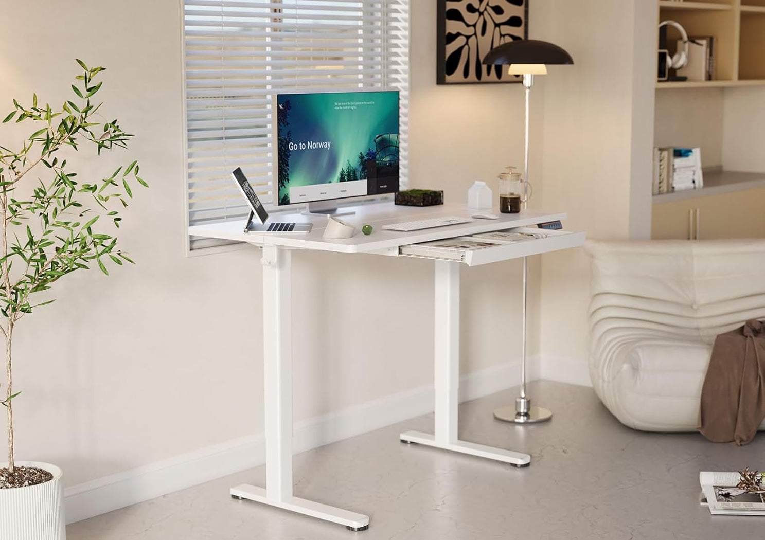 Standing Desk with Drawers, 48 x 24 Inch Electric Adjustable Height Stand Up Desk, Sit Stand Computer Desk for Home Office, White