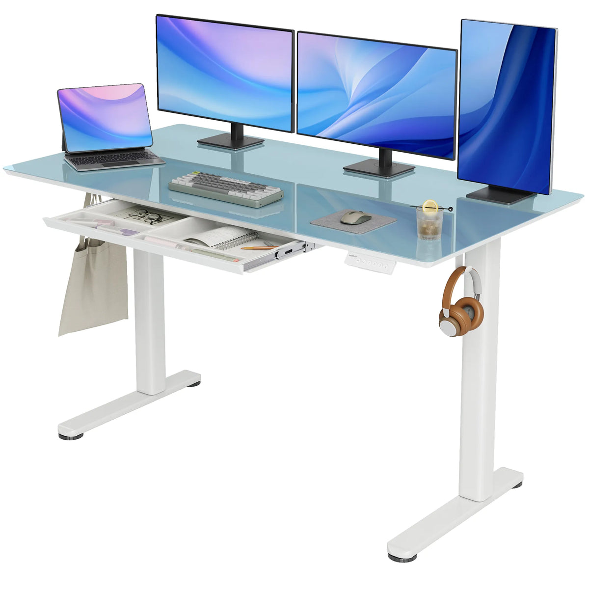 Morandi Blue Tempered Glass Height Adjustable Home Office Standing Desk With Drawers-W09-ML