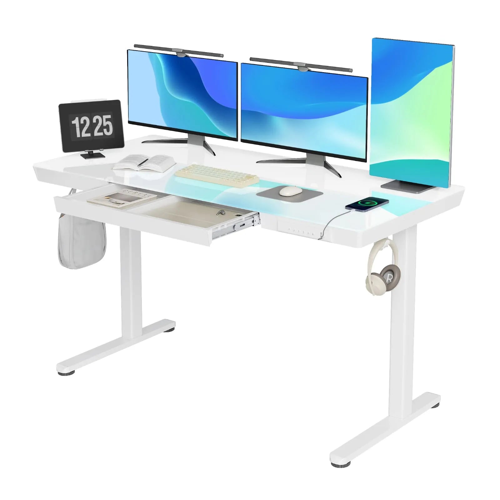 White Glass Usb Port Electric Adjustable Standing Desk With Drawer-BJ4-CB