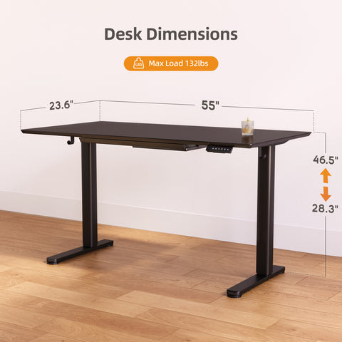 Black Tempered Glass Height Adjustable Home Office Standing Desk With Drawers-W02-HB