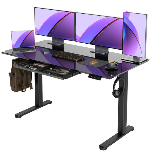 Black Tempered Glass Height Adjustable Home Office Standing Desk With Drawers-W02-HB