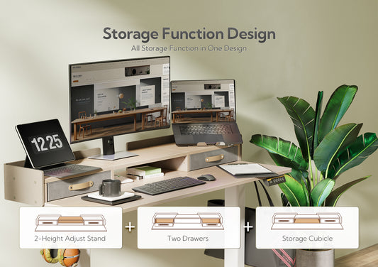 Natural Adjustable Height Electric Standing Desk with Storage Shelves and Splice Board-Q7-QW