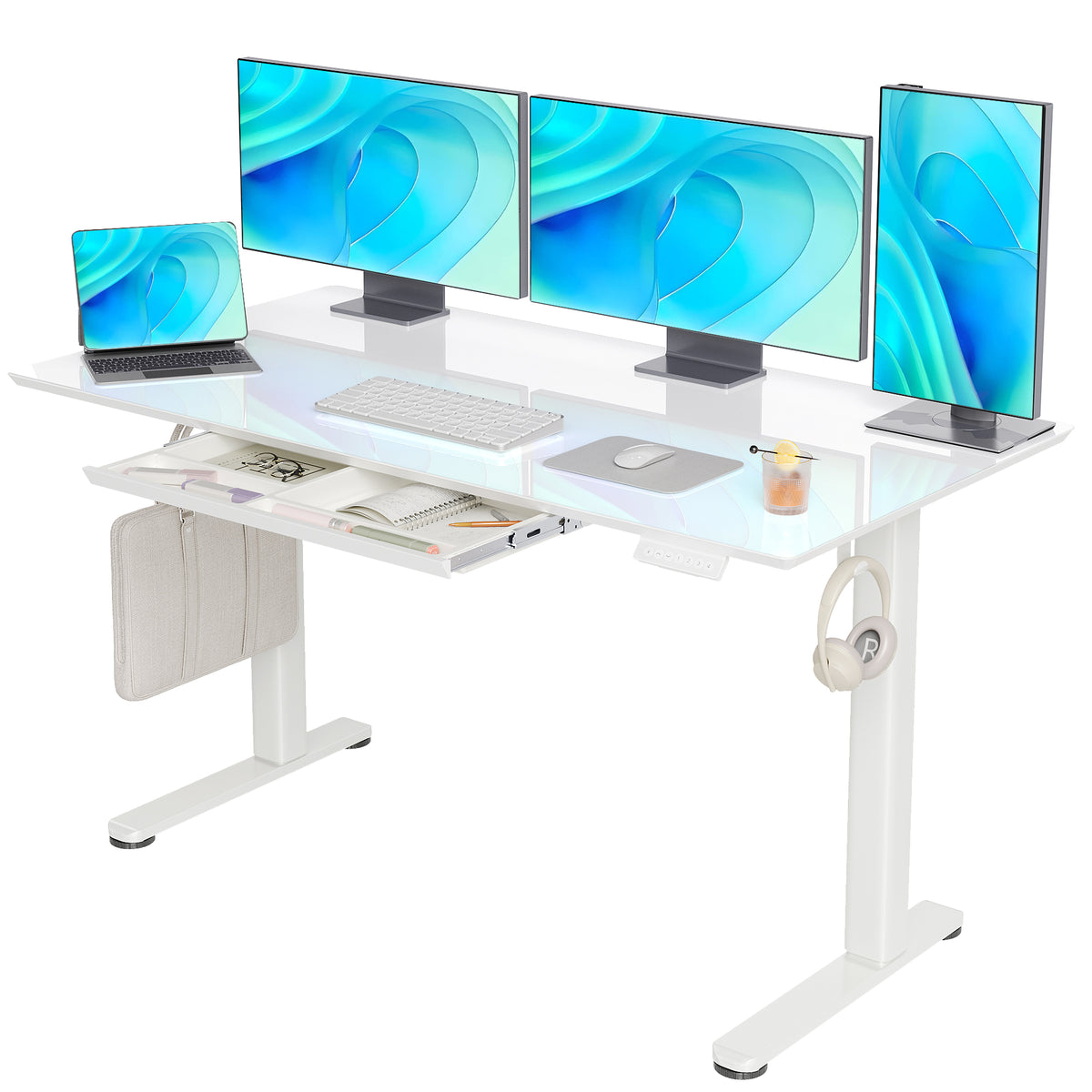 Super White Adjustable Quick Install Home Office Computer Glass Standing Desk with Drawers - W07-CB