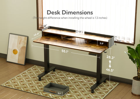 Rustic Brown Adjustable Height Electric Standing Desk with Storage Shelves and Splice Board-Q5-FG