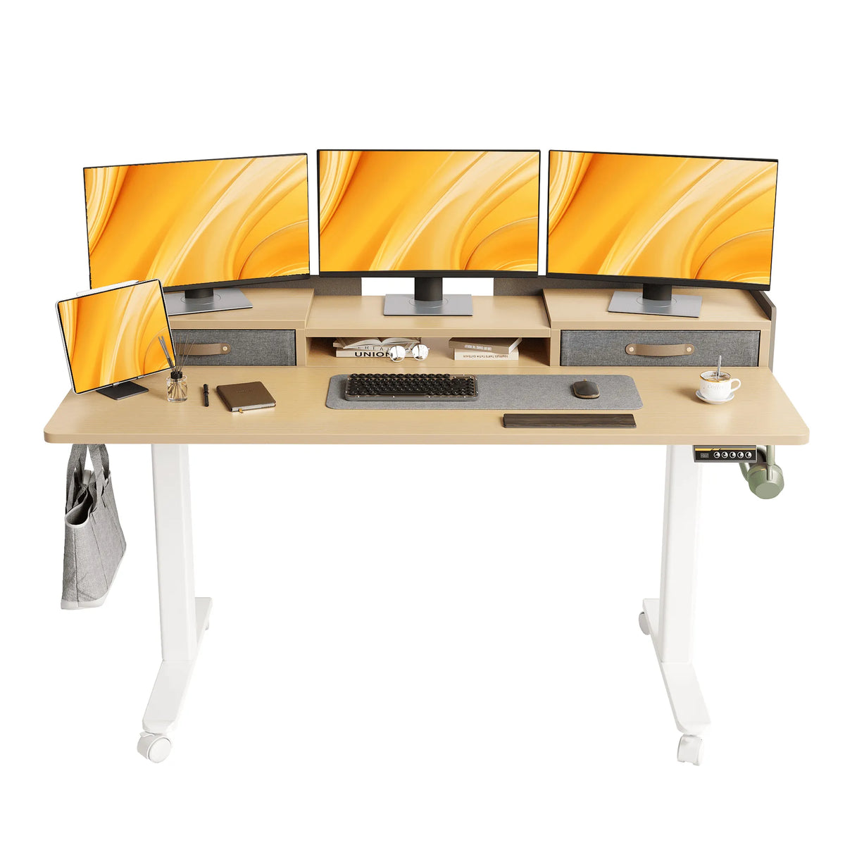 Natural Adjustable Height Electric Standing Desk with Storage Shelves and Splice Board-Q7-QW