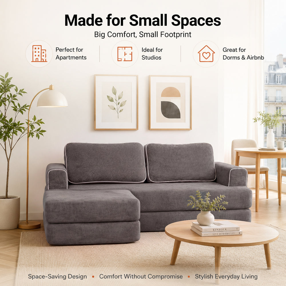 Claiks Folding Sofa Bed 180cm, 2 Seater Modular L-Shaped Chenille Sofa | 3-in-1 Convertible Design, Movable Ottoman, L-Shaped Modular Layout, Deep Seat, Small Space Solution
