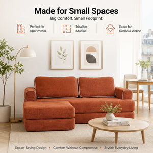 Claiks Folding Sofa Bed 180cm, 2 Seater Modular L-Shaped Chenille Sofa | 3-in-1 Convertible Design, Movable Ottoman, L-Shaped Modular Layout, Deep Seat, Small Space Solution