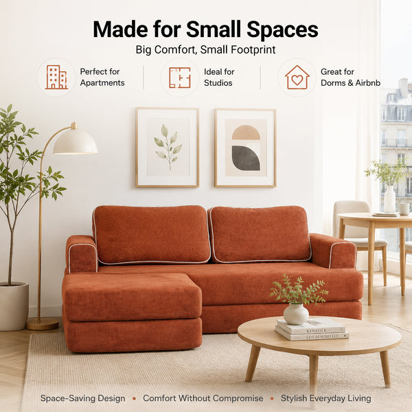 Claiks Folding Sofa Bed 180cm, 2 Seater Modular L-Shaped Chenille Sofa | 3-in-1 Convertible Design, Movable Ottoman, L-Shaped Modular Layout, Deep Seat, Small Space Solution