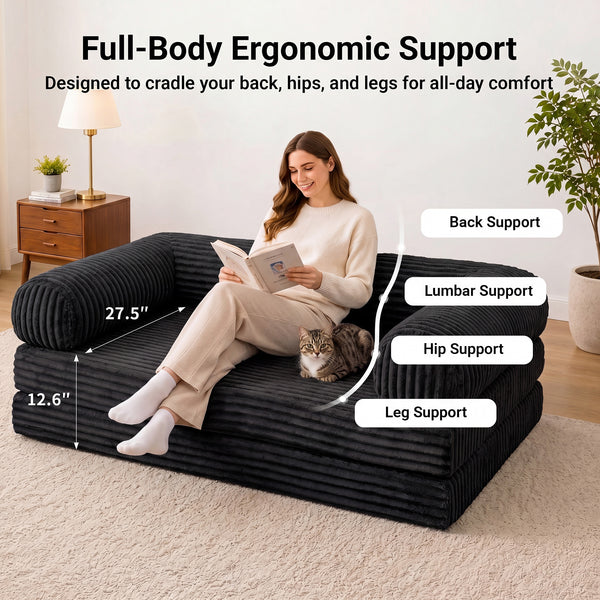 Claiks 3-in-1 Folding Double Sofa Bed 150cm Corduroy Foam | 25D high-density foam, removable washable cover, wide armrests, no assembly, ideal for small spaces and guests