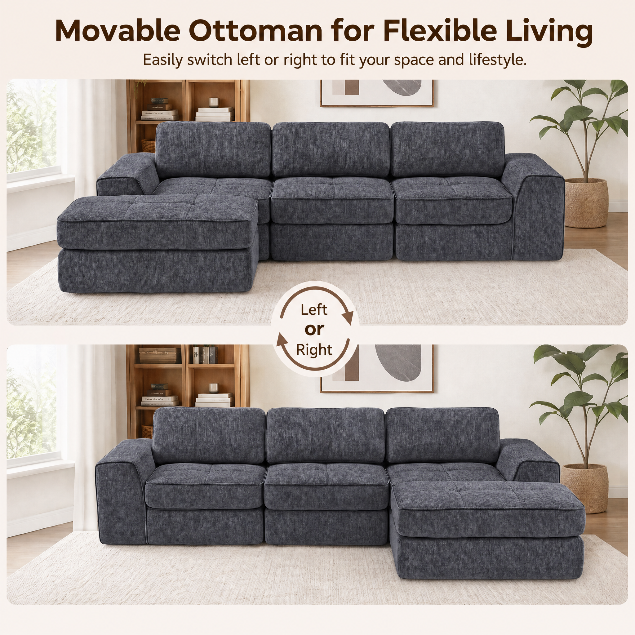 Claiks Boneless Cloud Couch Sectional Sofa, L Shaped Couch, Dark Grey | 123" oversized , wide arm, 3 Seater with Ottoman Modular Sofa, deep seat, Couches for living room, home sofa
