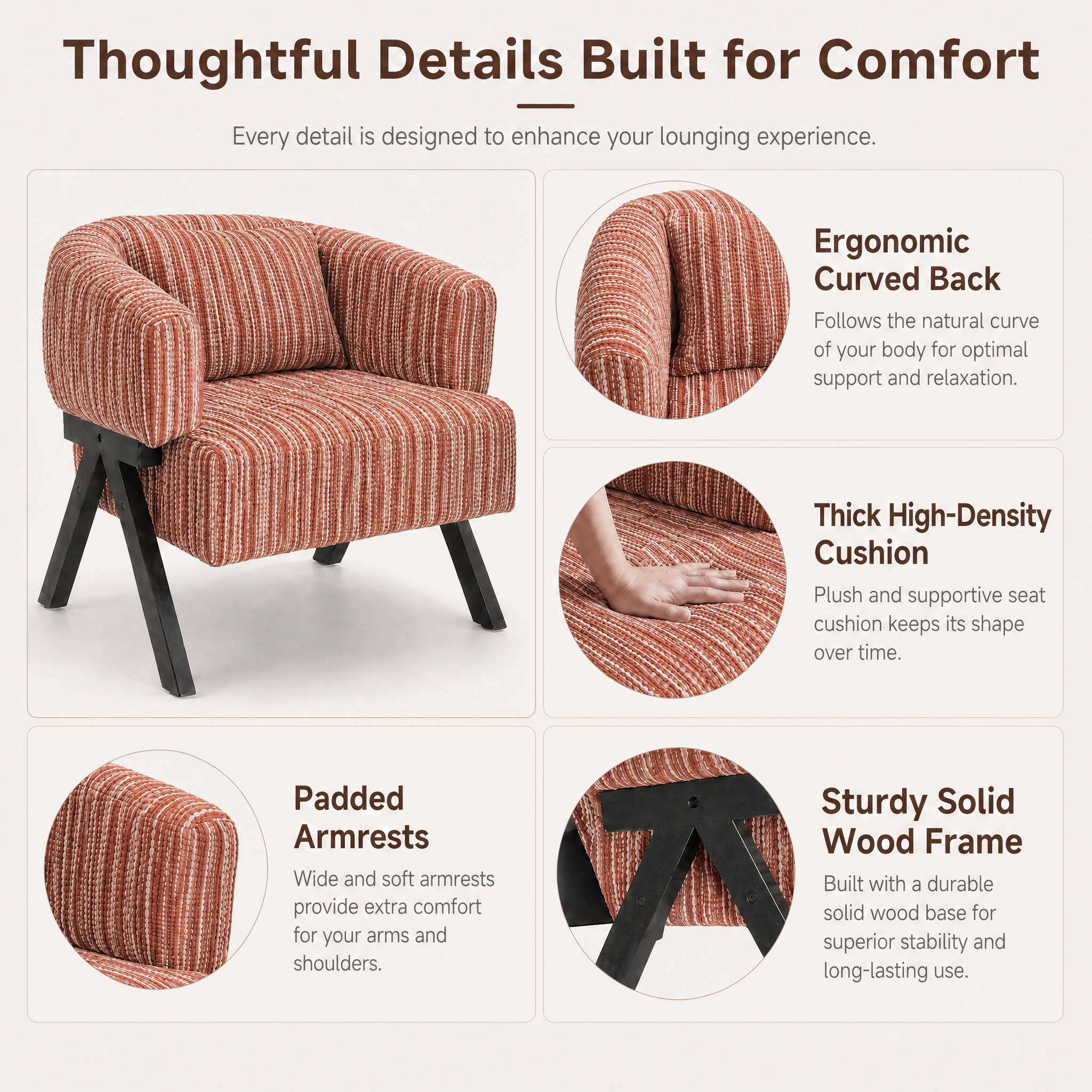 Claiks Accent Chair, Mid-Century Modern Upholstered Striped Armchair, Red | Arc backrest, 9in sponge. Solid wood V-legs hold 300lb. Striped armchair for living room, bedroom, reading nook. Ergonomic.