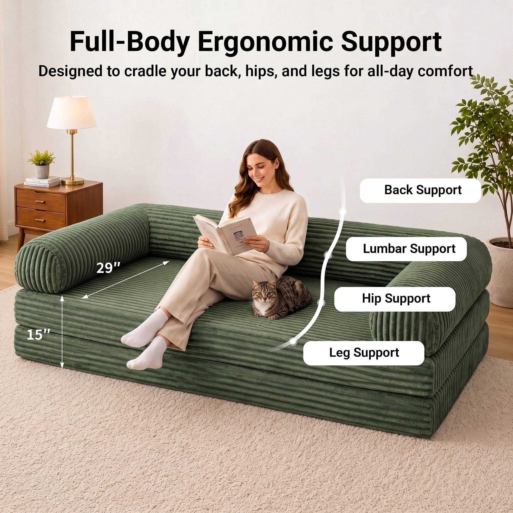 Claiks 75" Convertible Sofa Bed, Corduroy Futon Couch Pull Out Bed, No Assembly Boneless Couches for Living Room Bedroom Apartment, Black
