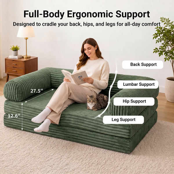 Claiks 3-in-1 Folding Double Sofa Bed 150cm Corduroy Foam | 25D high-density foam, removable washable cover, wide armrests, no assembly, ideal for small spaces and guests