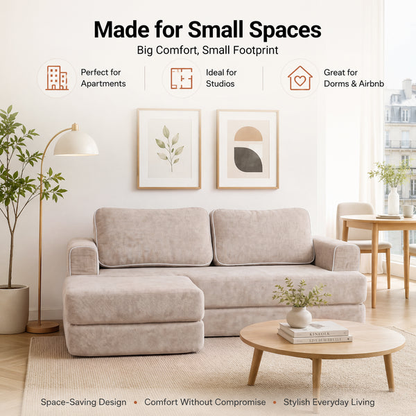Claiks Folding Sofa Bed 180cm, 2 Seater Modular L-Shaped Chenille Sofa | 3-in-1 Convertible Design, Movable Ottoman, L-Shaped Modular Layout, Deep Seat, Small Space Solution