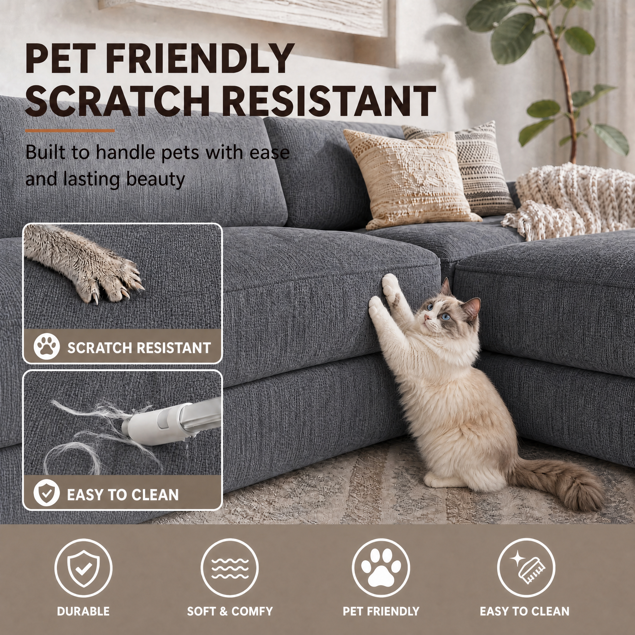 Claiks Boneless Cloud Couch Sectional Sofa, L Shaped Couch, Dark Grey | 123" oversized , wide arm, 3 Seater with Ottoman Modular Sofa, deep seat, Couches for living room, home sofa