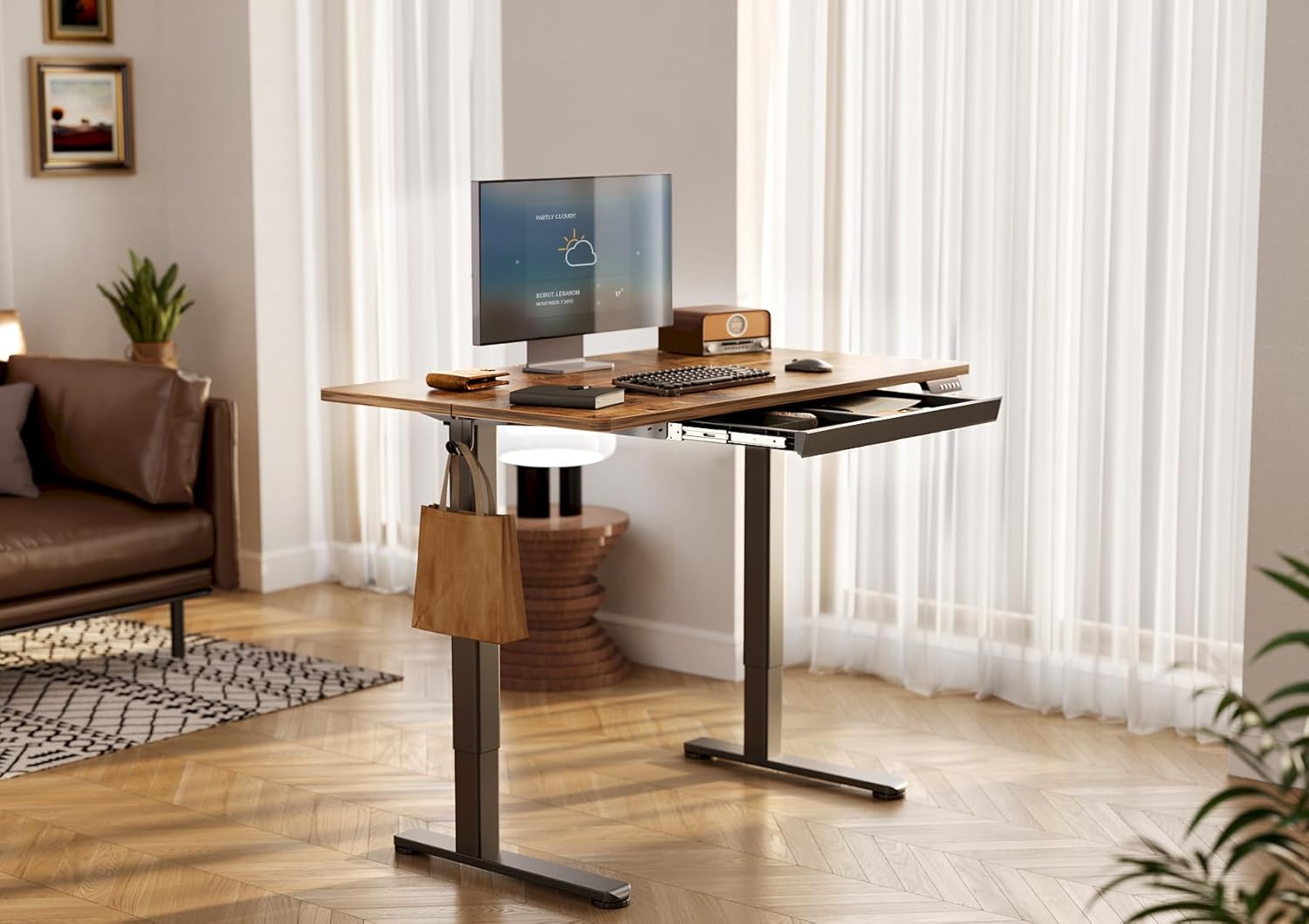 Electric Adjustable Height 48 x 24 Inch Stand Up Desks, Sit Stand Computer Desk for Home Office, Rustic Brown