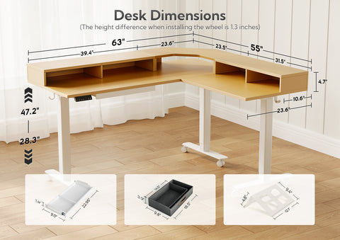 Natural L Shape Adjustable Height Splicing Plate Standing Desk with Drawers-E7-QM