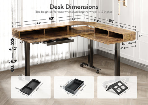 Triple Motor 63" L Shaped Standing Desk with Drawers