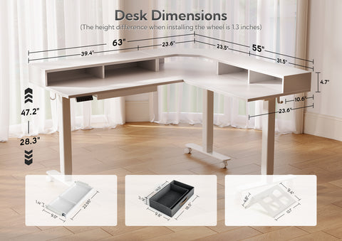 White L Shape Adjustable Height Splicing Plate Standing Desk with Drawers-E7-BM