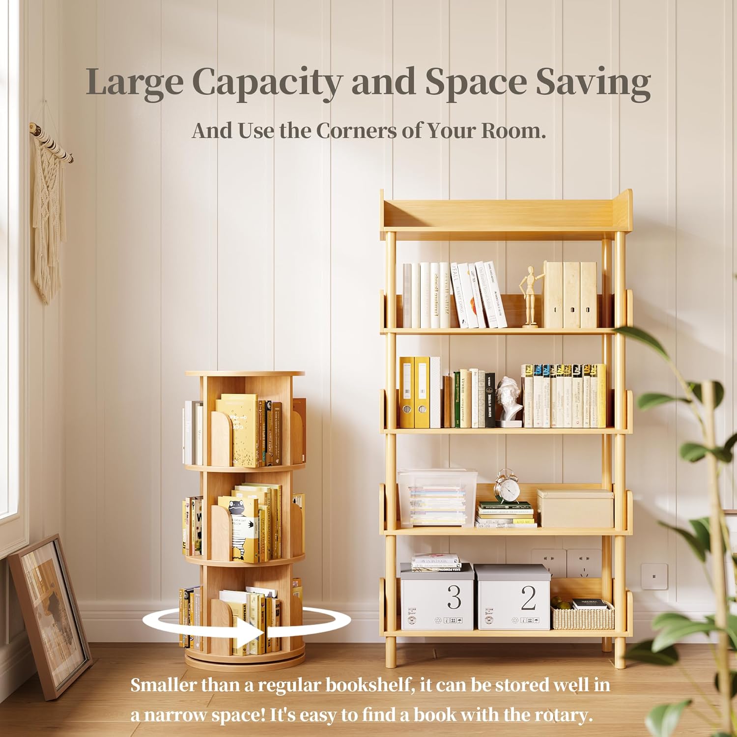 60° Spinning Bookcase Tower, Space-Saving Vertical Book Storage Organizer with Sturdy Construction for Home & Office, Nature