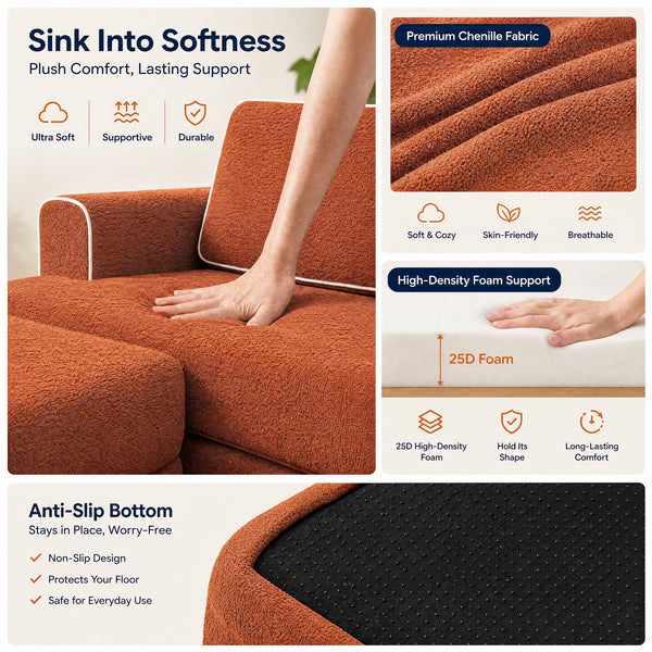 Claiks Folding Sofa Bed 180cm, 2 Seater Modular L-Shaped Chenille Sofa | 3-in-1 Convertible Design, Movable Ottoman, L-Shaped Modular Layout, Deep Seat, Small Space Solution