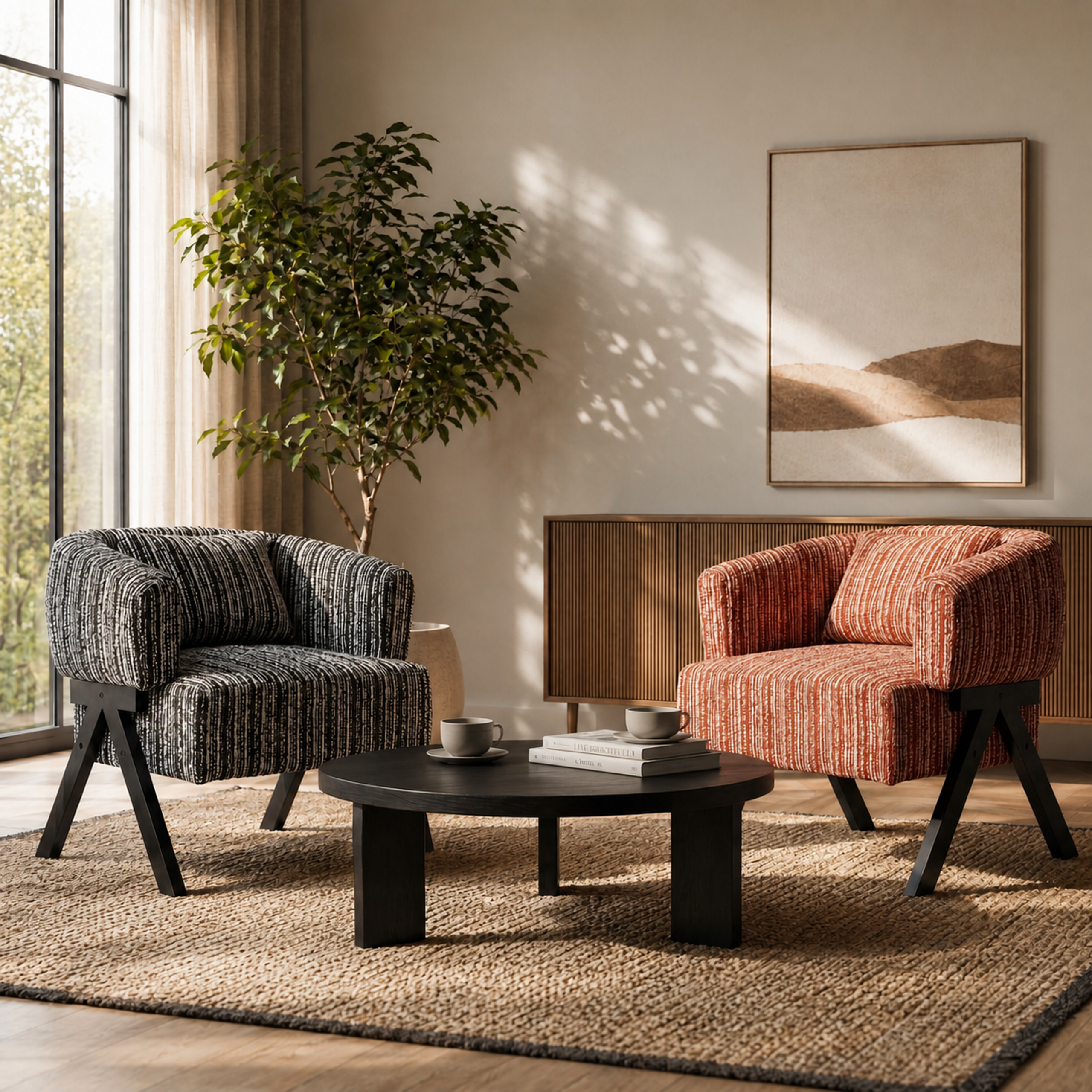 Claiks Accent Chair, Mid-Century Modern Upholstered Striped Armchair, Red | Arc backrest, 9in sponge. Solid wood V-legs hold 300lb. Striped armchair for living room, bedroom, reading nook. Ergonomic.