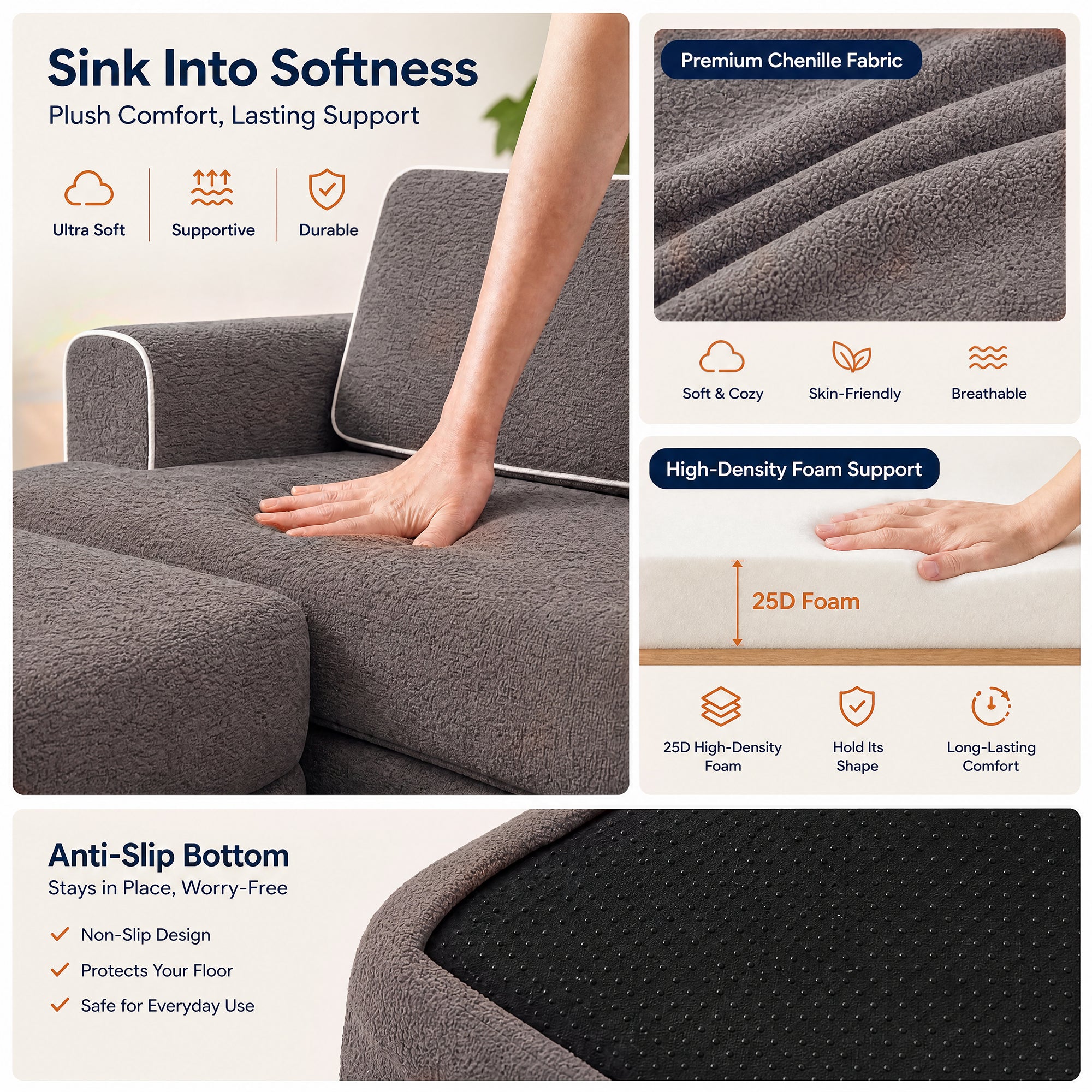 Claiks Futon Sofa Bed, Boneless L-Shaped Floor Couch with Ottoman, Darkgrey | Sleeper Sofa Bed with Movable Ottoman and 2 Pillows, Sectional Love Seat Couches for Living Room, No Assembly