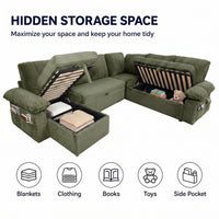 Claiks 118" Sectional Sleeper Sofa with Pull Out Bed U Shaped 7 Seat Sectional Couches for Living Room with Hidden Storage Skin Friendly Breathable Corduroy Fabric Sofa Bed for Apartment Office, Green