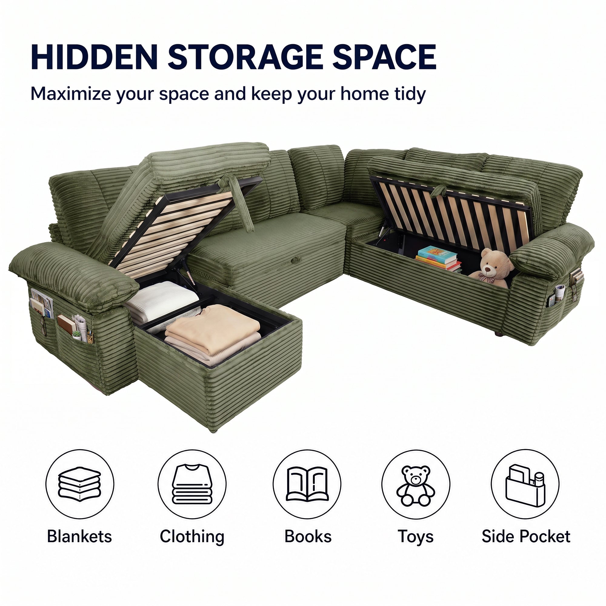 Claiks 118" Sectional Sleeper Sofa with Pull Out Bed U Shaped 7 Seat Sectional Couches for Living Room with Hidden Storage Skin Friendly Breathable Corduroy Fabric Sofa Bed for Apartment Office, Green