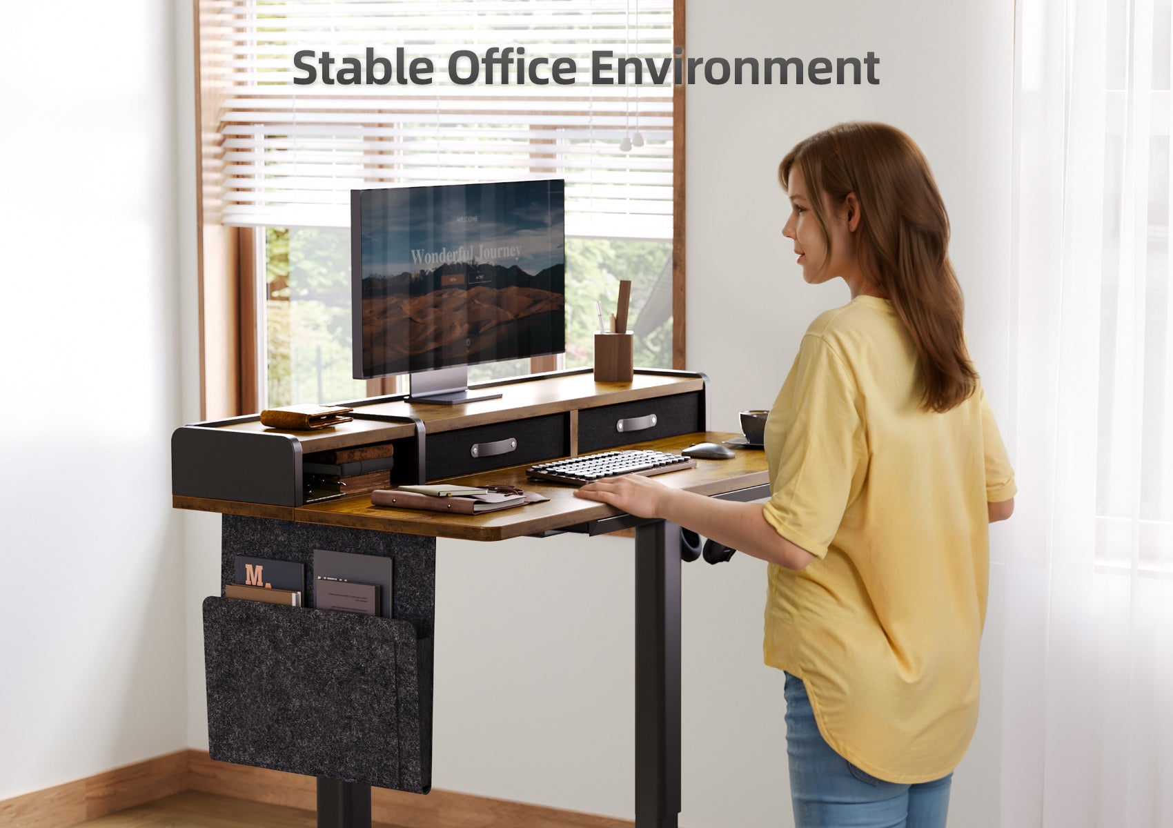 Rustic Brown Power Outlets and Type-C Standing Desk with Drawers and Shelves -JX4-FG