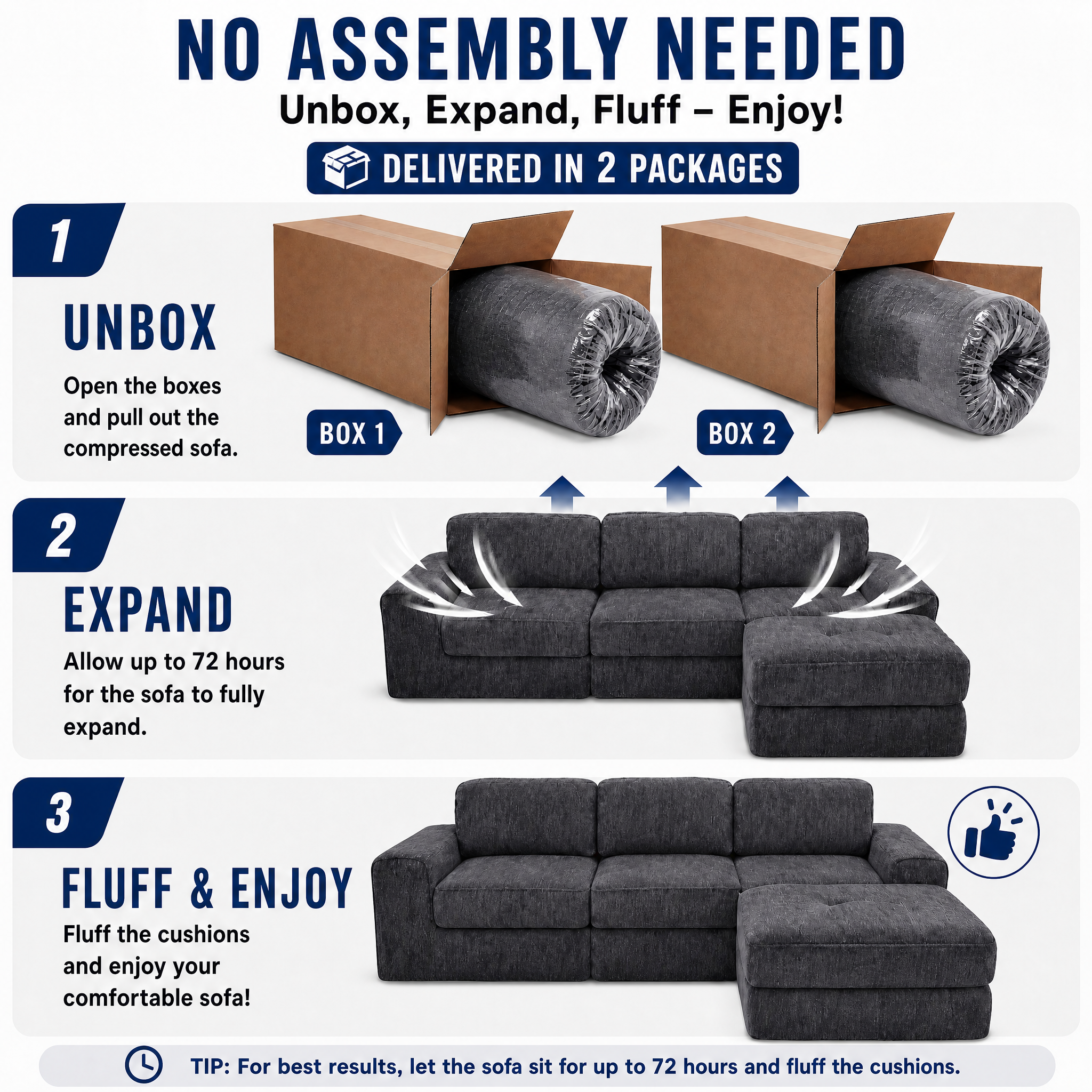 Claiks Boneless Cloud Couch Sectional Sofa, L Shaped Couch, Dark Grey | 123" oversized , wide arm, 3 Seater with Ottoman Modular Sofa, deep seat, Couches for living room, home sofa