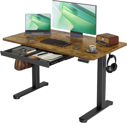 Rustic Brown Storage Shelf and Splice Board Adjustable Stand Up Electric Standing Desk-Q7-FG