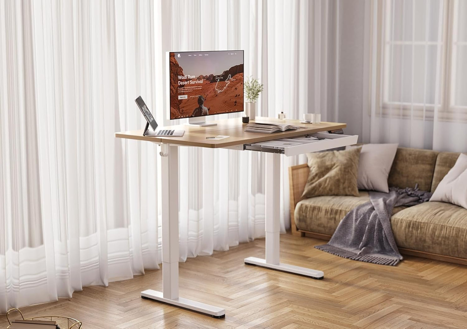 Height Adjustable Desk 48 x 24 Inch Stand Up Desk, Electric Sit Stand Computer Desk for Home Office, Natural