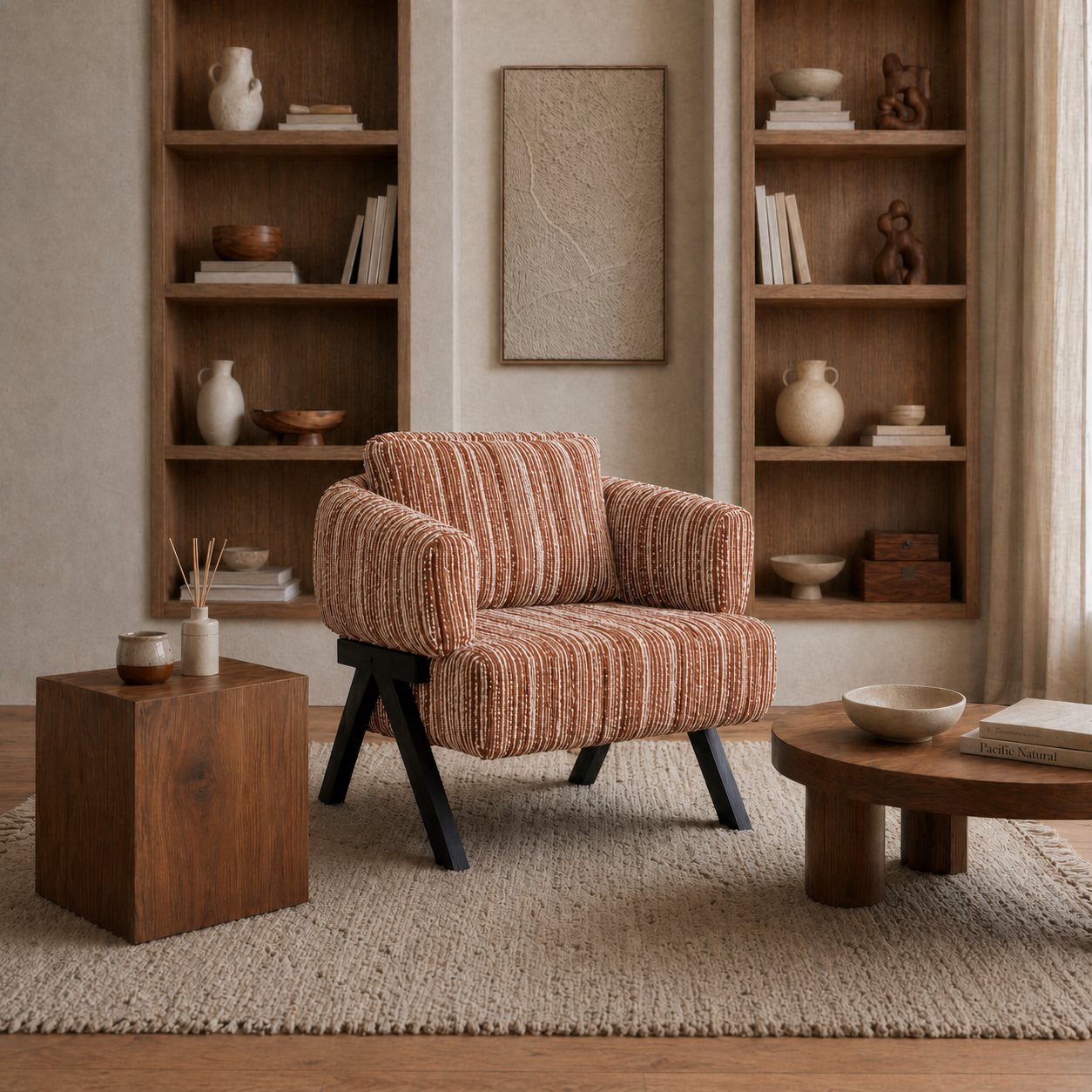 Claiks Accent Chair, Mid-Century Modern Upholstered Striped Armchair, Red | Arc backrest, 9in sponge. Solid wood V-legs hold 300lb. Striped armchair for living room, bedroom, reading nook. Ergonomic.