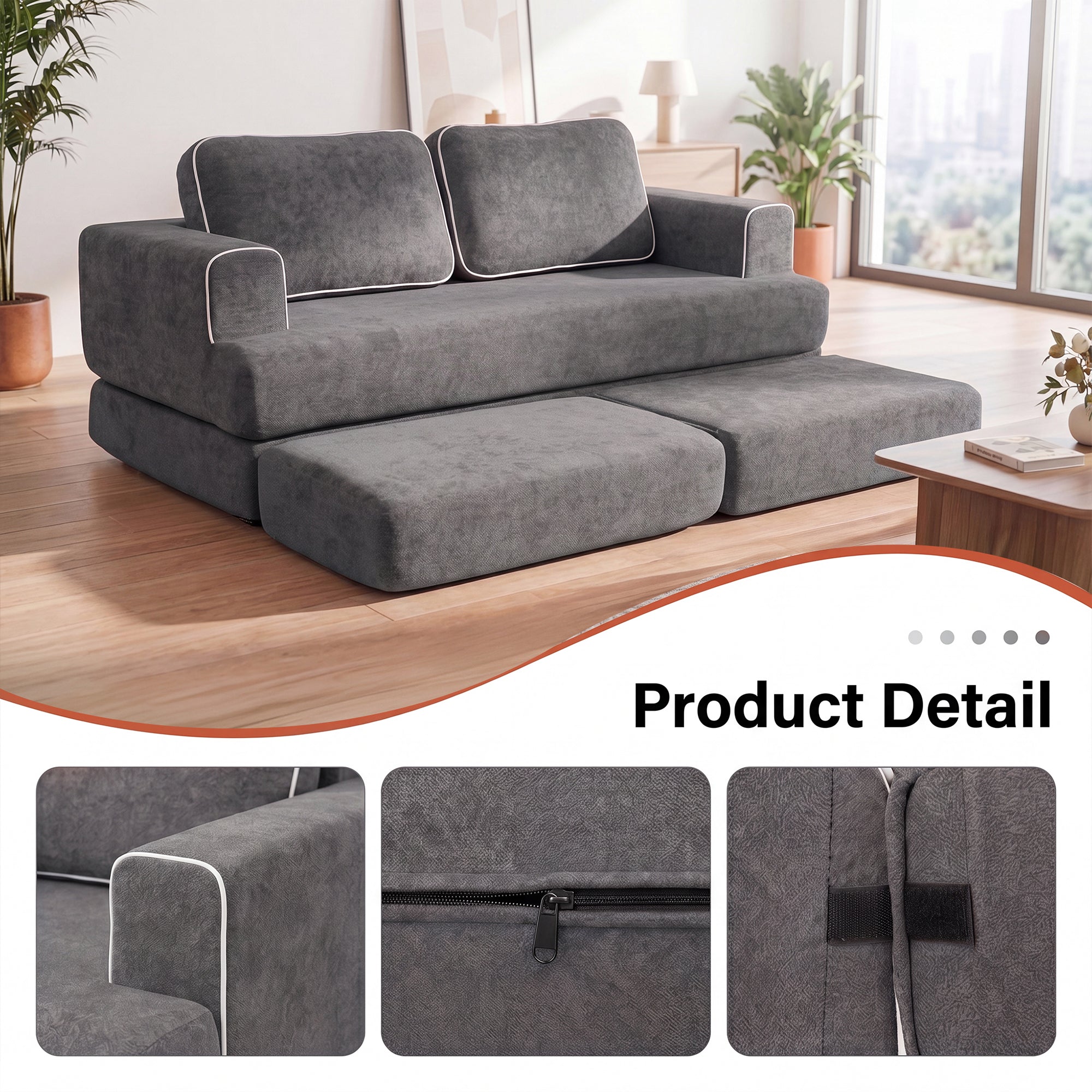 Claiks Futon Sofa Bed, Boneless L-Shaped Floor Couch with Ottoman, Darkgrey | Sleeper Sofa Bed with Movable Ottoman and 2 Pillows, Sectional Love Seat Couches for Living Room, No Assembly