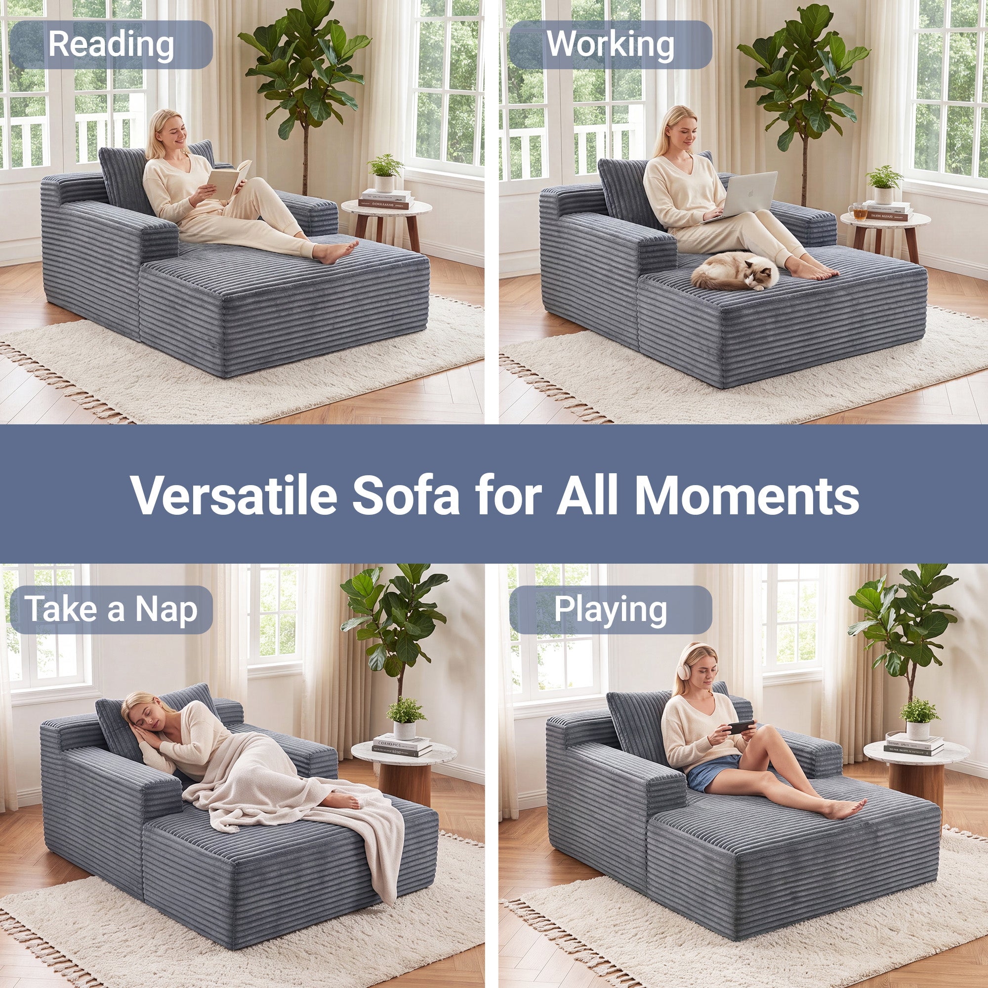 Claiks 63" Chaise Lounge Chair, Cloud Boneless Sofa, Beige | Oversized corduroy deep seat sleeper chair. reading chair. No assembly. Ideal for living room, bedroom, or apartment