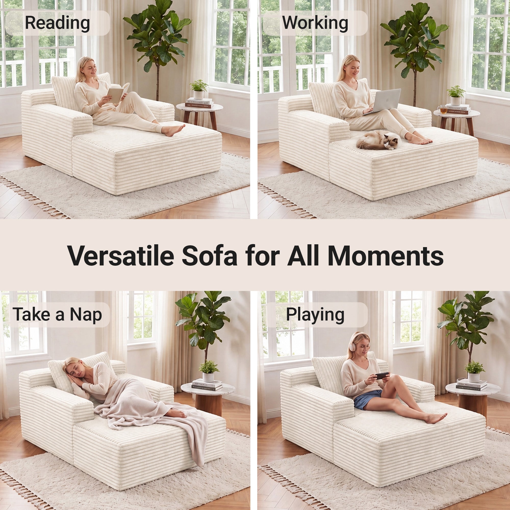 Claiks 63" Chaise Lounge Chair, Cloud Boneless Sofa, Beige | Oversized corduroy deep seat sleeper chair. reading chair. No assembly. Ideal for living room, bedroom, or apartment