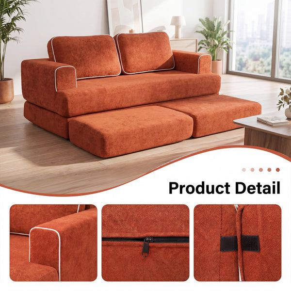 Claiks Folding Sofa Bed 180cm, 2 Seater Modular L-Shaped Chenille Sofa | 3-in-1 Convertible Design, Movable Ottoman, L-Shaped Modular Layout, Deep Seat, Small Space Solution