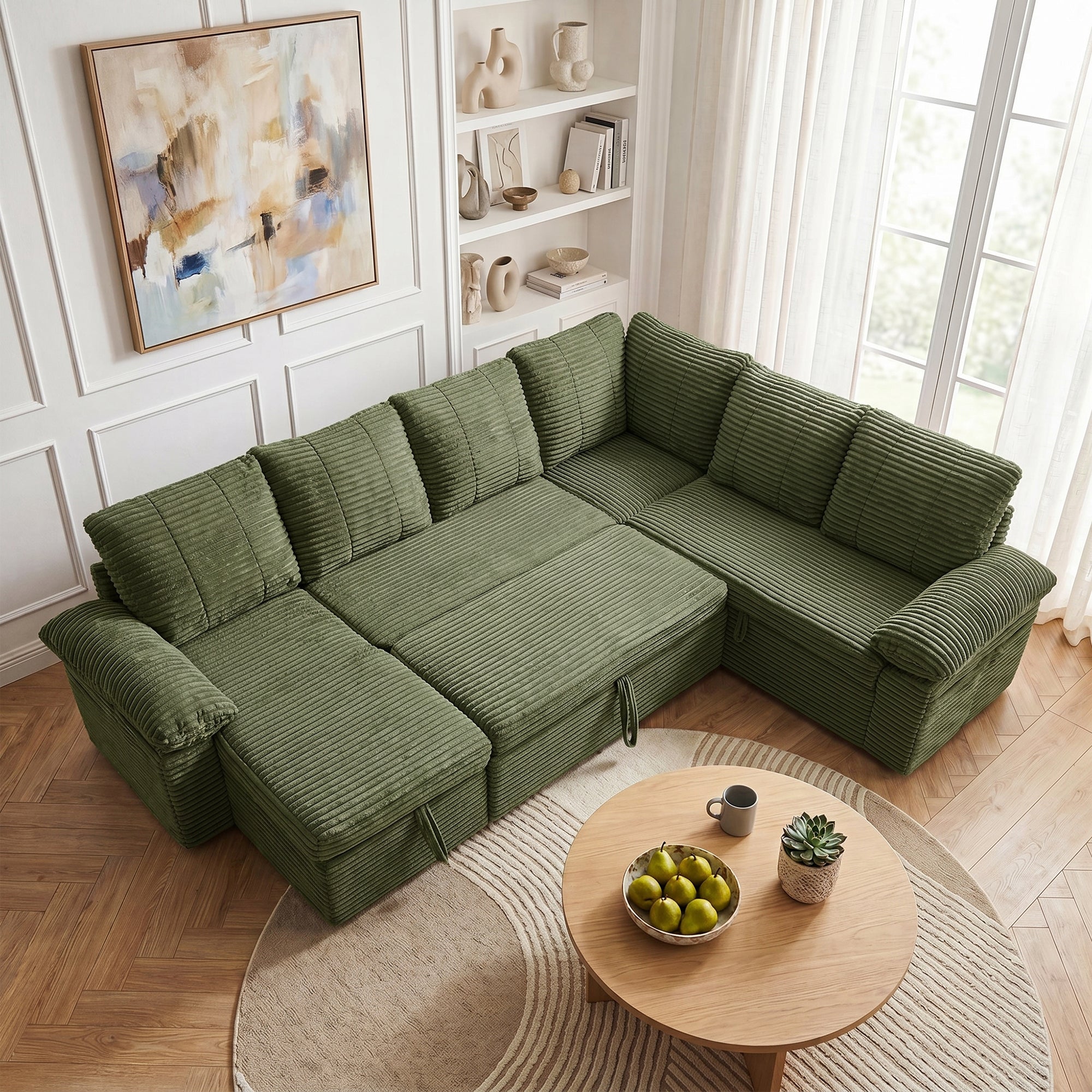 Claiks 118" Sectional Sleeper Sofa with Pull Out Bed U Shaped 7 Seat Sectional Couches for Living Room with Hidden Storage Skin Friendly Breathable Corduroy Fabric Sofa Bed for Apartment Office, Green