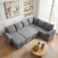Claiks 118" Sectional Sleeper Sofa with Pull Out Bed U Shaped 7 Seat Sectional Couches for Living Room with Hidden Storage Skin Friendly Breathable Corduroy Fabric Sofa Bed for Apartment Office, Green