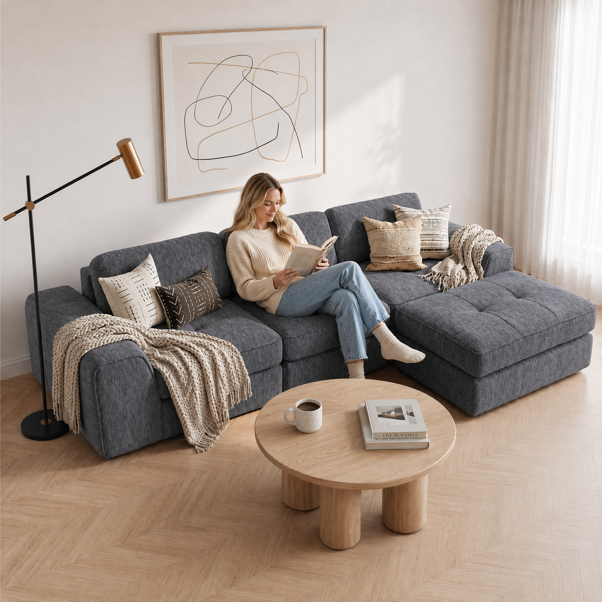 Claiks Boneless Cloud Couch Sectional Sofa, L Shaped Couch, Dark Grey | 123" oversized , wide arm, 3 Seater with Ottoman Modular Sofa, deep seat, Couches for living room, home sofa