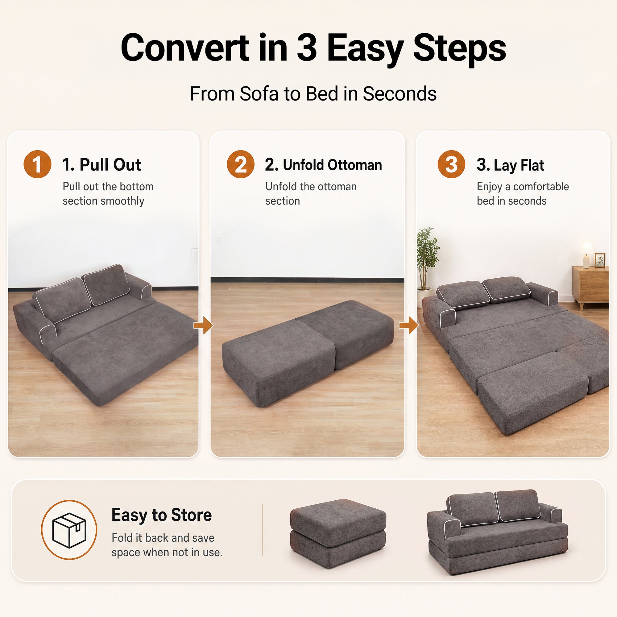Claiks Futon Sofa Bed, Boneless L-Shaped Floor Couch with Ottoman, Darkgrey | Sleeper Sofa Bed with Movable Ottoman and 2 Pillows, Sectional Love Seat Couches for Living Room, No Assembly