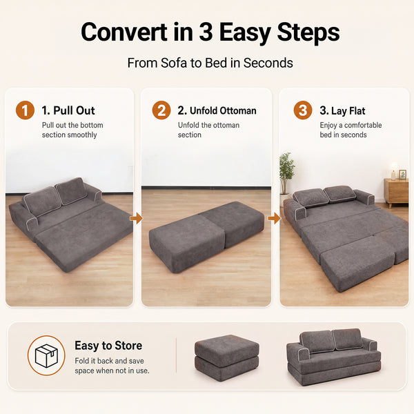 Claiks Folding Sofa Bed 180cm, 2 Seater Modular L-Shaped Chenille Sofa | 3-in-1 Convertible Design, Movable Ottoman, L-Shaped Modular Layout, Deep Seat, Small Space Solution