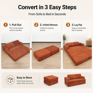 Claiks Folding Sofa Bed 180cm, 2 Seater Modular L-Shaped Chenille Sofa | 3-in-1 Convertible Design, Movable Ottoman, L-Shaped Modular Layout, Deep Seat, Small Space Solution