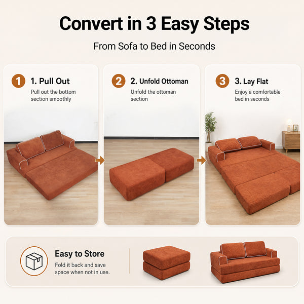 Claiks Folding Sofa Bed 180cm, 2 Seater Modular L-Shaped Chenille Sofa | 3-in-1 Convertible Design, Movable Ottoman, L-Shaped Modular Layout, Deep Seat, Small Space Solution